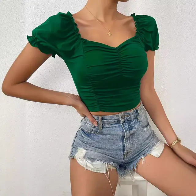 European And American Women's SpringSummer New V neck Short Sleeve Loose Top Green - Shop at LoveMi
