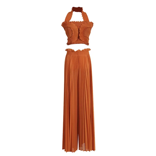 Design Tube Top High Waist Pleated Wide leg Trousers Orange - Shop at LoveMi