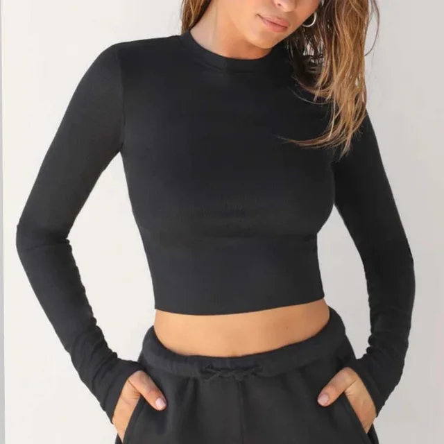 Fitness Running Sports Casual Thread Round Neck Long Sleeve Yoga Wear Top Cx213 Black - Shop at LoveMi