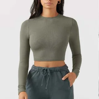 Fitness Running Sports Casual Thread Round Neck Long Sleeve Yoga Wear Top - Cx213 Olive