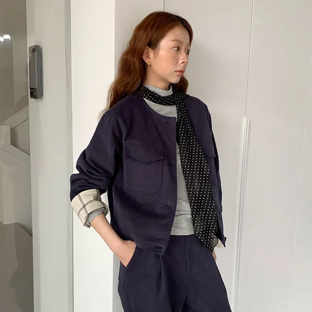 Autumn And Winter Korean High grade Round Neck Jacket Navy Blue - Shop at LoveMi