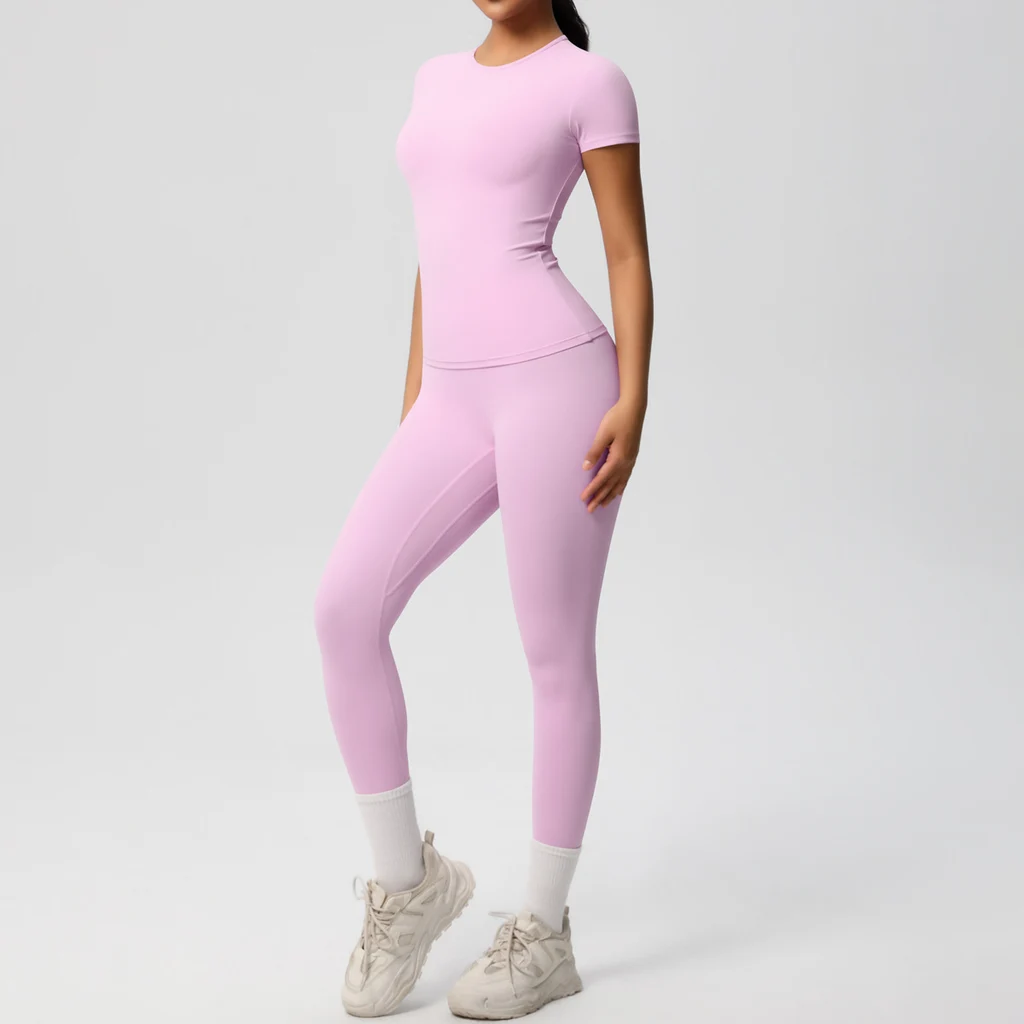 European And American Sports Nude Feel Skin-friendly Solid Color Sports T-shirt Stretch Short Sleeve Yoga Pants High Waist Workout Suit Women - Che...