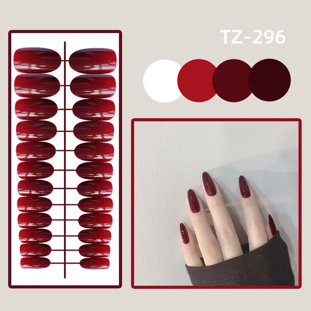 Long Round Glossy Solid Color Nail Patch Fake Nails 296Wine Red - Shop at LoveMi