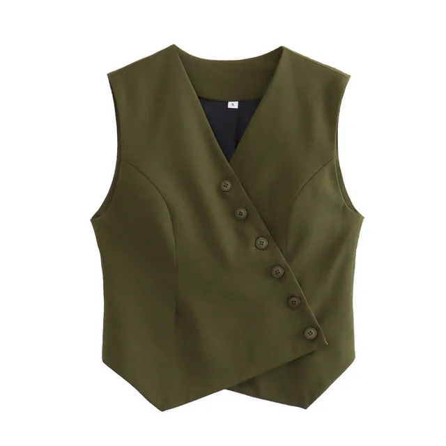 All match Solid Color V neck Single Row Oblique Asymmetric Cardigan Vest Army Green - Shop at LoveMi