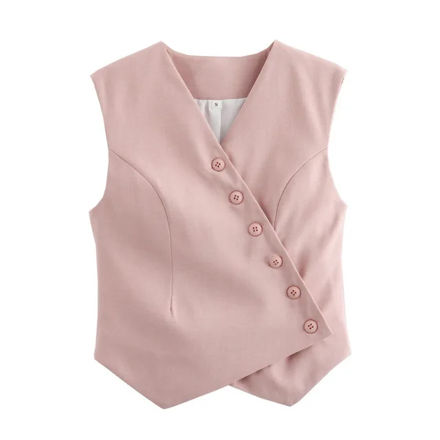 All match Solid Color V neck Single Row Oblique Asymmetric Cardigan Vest Light Pink - Shop at LoveMi