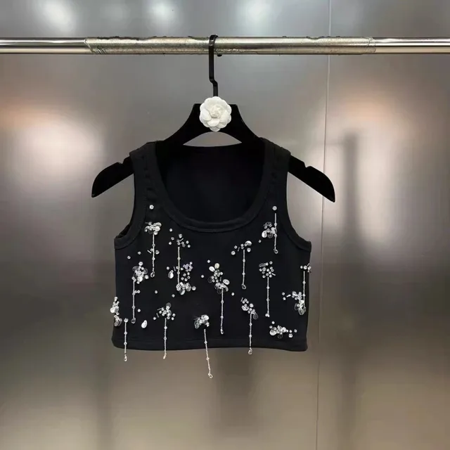 Scoop Sleeveless Diamond Nail Beads Sequins Heavy Industry Gold Style Vest Black Short - Shop at LoveMi