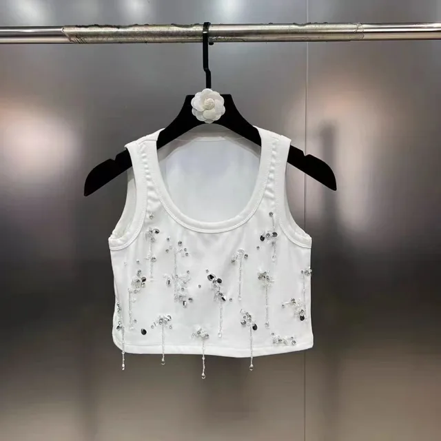 Scoop Sleeveless Diamond Nail Beads Sequins Heavy Industry Gold Style Vest White Short - Shop at LoveMi