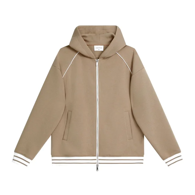 Leisure Hooded Zipper Sweatshirt Coat Khaki - Shop at LoveMi