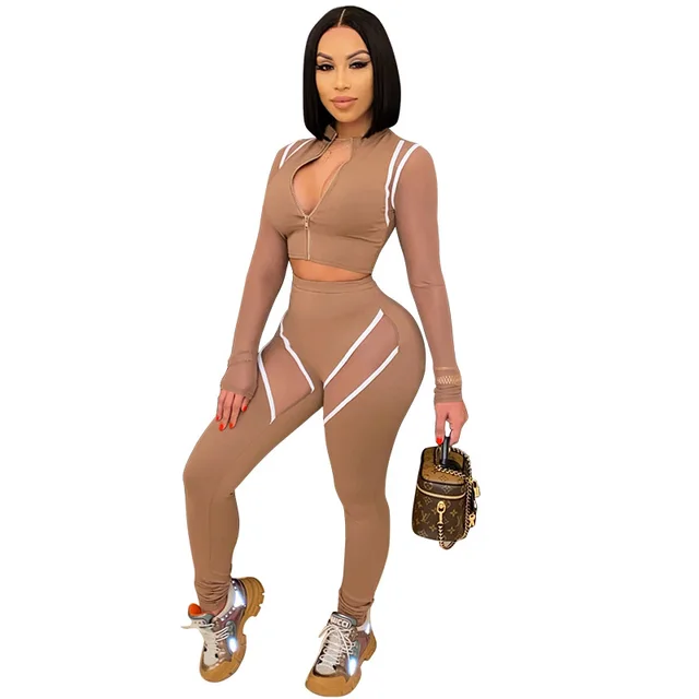 European And American Stitching Contrast Color Plus Size Sports Suit Camel - Shop at LoveMi