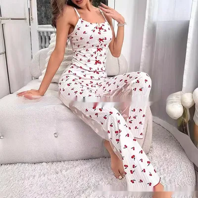 Printed Color Contrast Patchwork Pajamas Front Split Sling Cherry - Shop at LoveMi