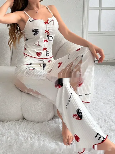 Printed Color Contrast Patchwork Pajamas Front Split Sling Letters 3Xl - Shop at LoveMi