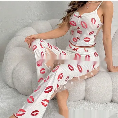 Printed Color Contrast Patchwork Pajamas Front Split Sling Red - Shop at LoveMi