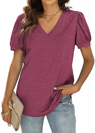 European And American Summer Casual V-neck Solid Color Puff Sleeve Loose T-shirt For Women - Wine Red