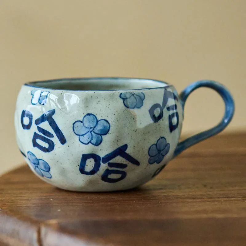 Blue And White Hand Drawn Coffee Cup Stoneware Haha Cup - Hahaha Coffee Cup