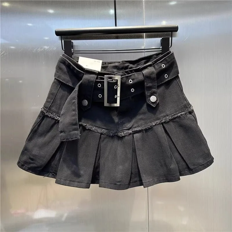 Retro Light Blue Sweet Girl Pleated Denim Skirt Small Slim A Line Skirt Black With Lining Belt - Shop at LoveMi