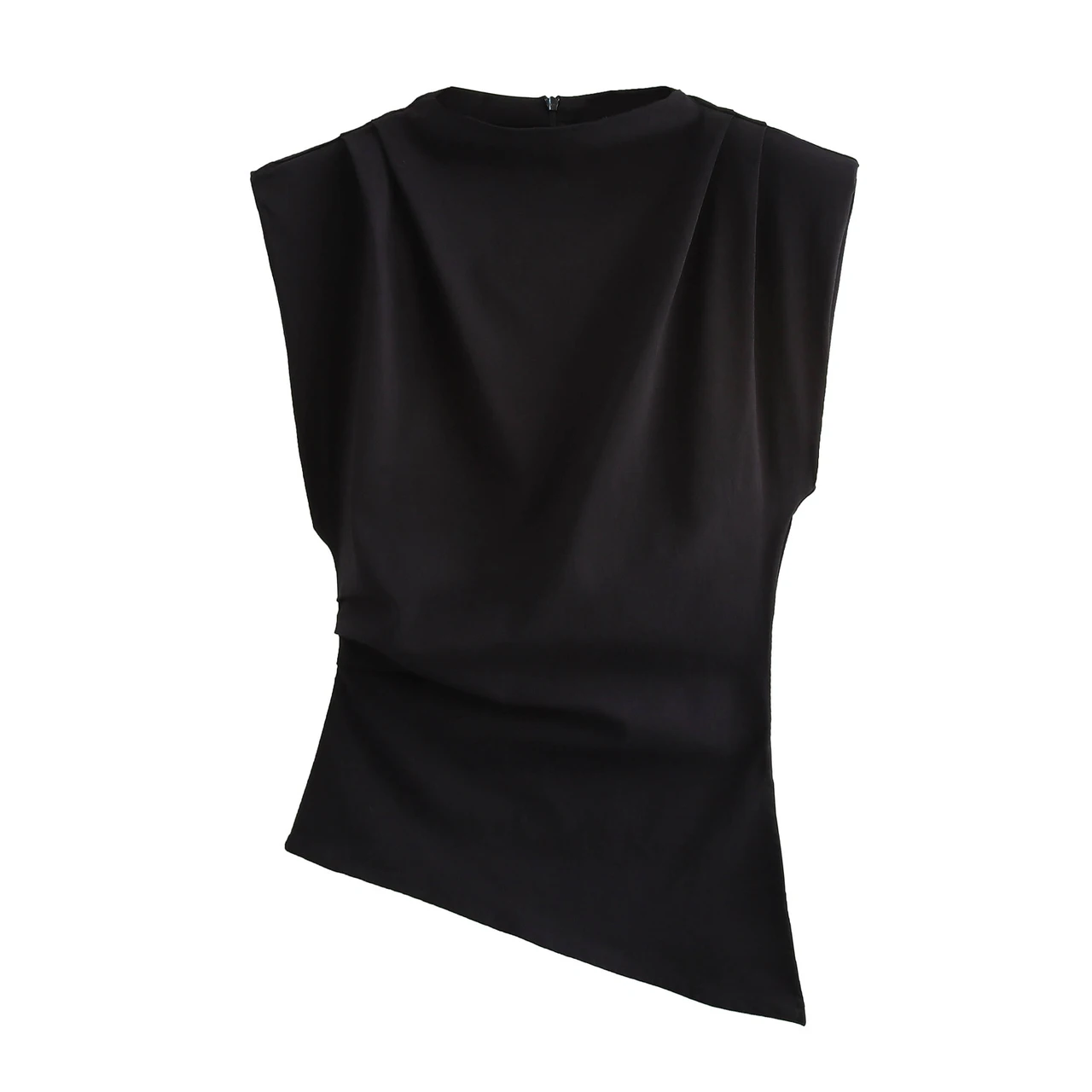 Beveled Pleated Decorative Padded Shoulder Top - Black