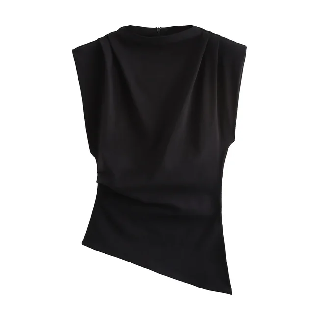 Beveled Pleated Decorative Padded Shoulder Top Black - Shop at LoveMi