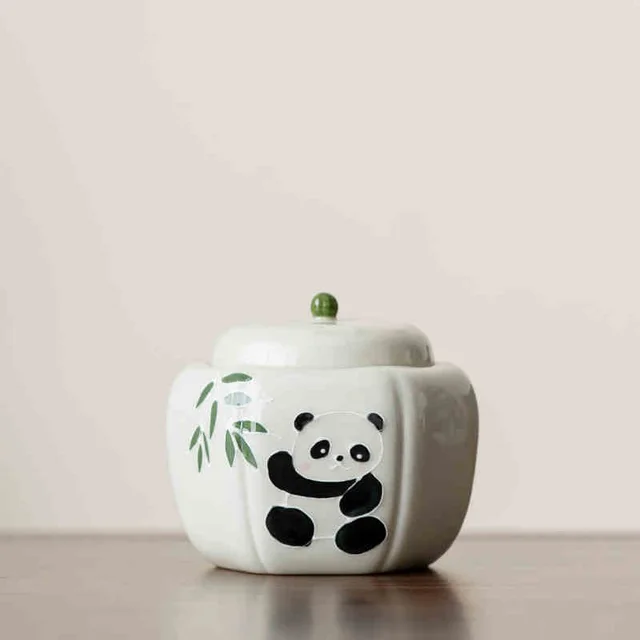 Grass And Wood Gray Hand Painted Cute Panda Ceramic Tea Jar Sitting Posture - Shop at LoveMi