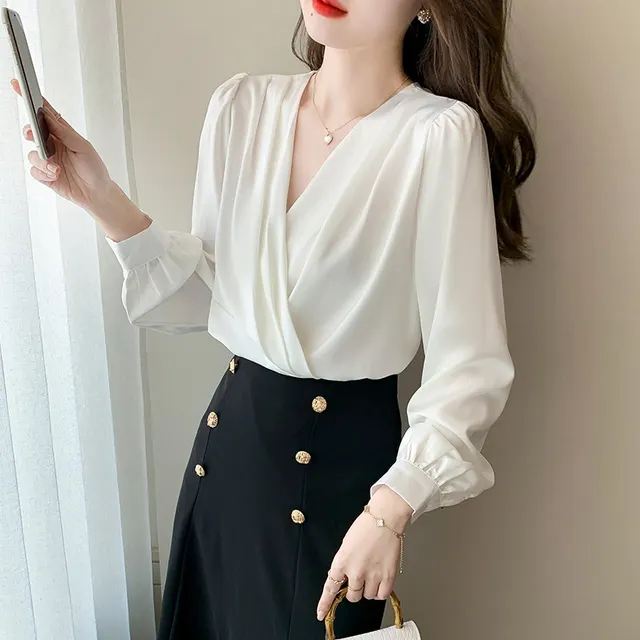 V neck Satin Long sleeved Shirt Women's Professional Bottoming Shirt White - Shop at LoveMi