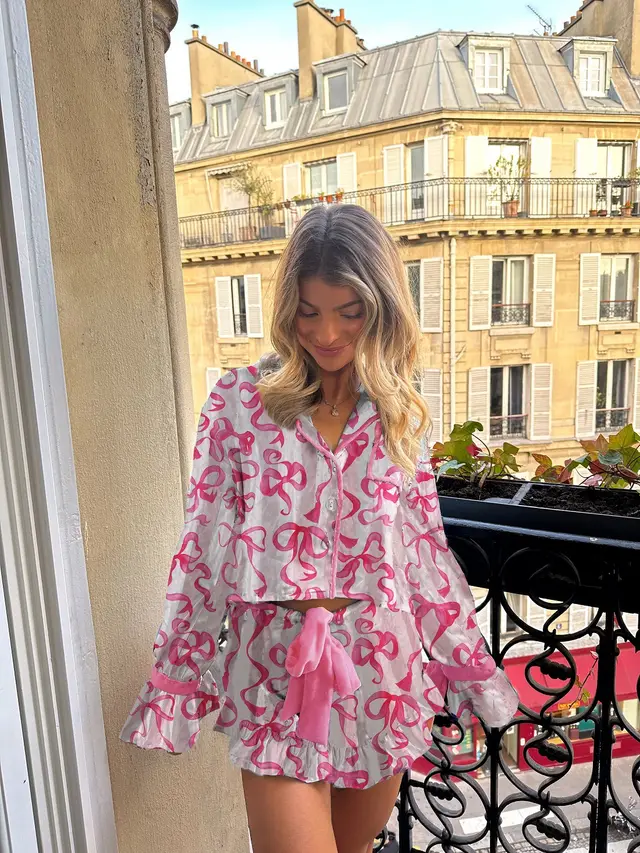 Casual Loose Home Wear Suit White Background Pink Bow - Shop at LoveMi