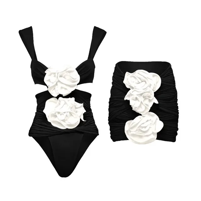 Lady's Flower Beach Hot One piece Swimsuit Black And White Set - Shop at LoveMi