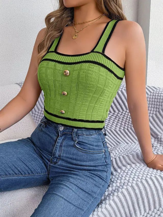 Sleeveless Midriff baring Knitwear Holiday Top Green - Shop at LoveMi