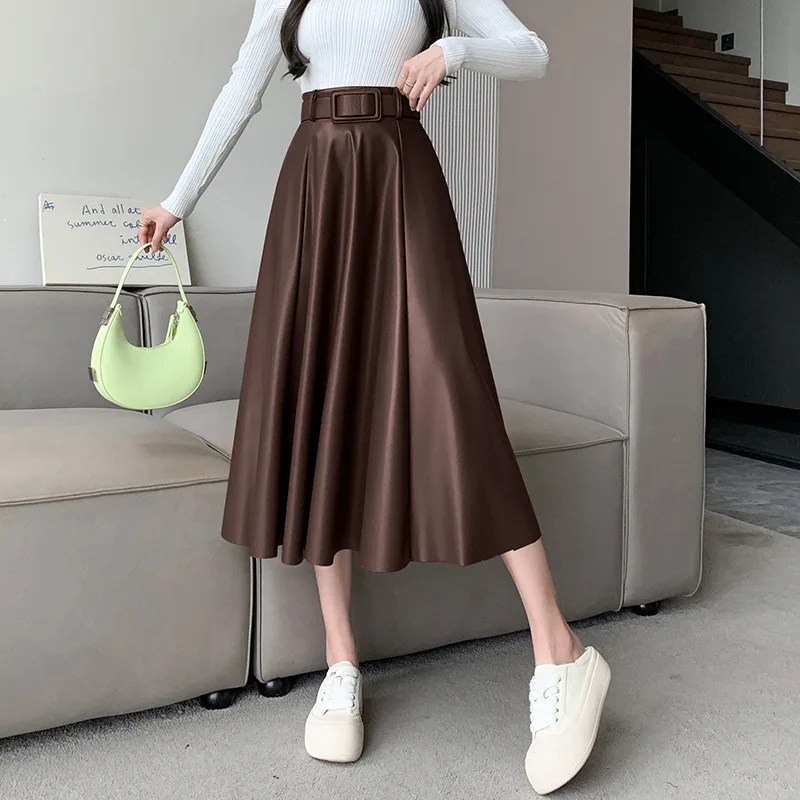 Women's A- Line High Waist Leather Skirt Midi Skirt - Chocolate