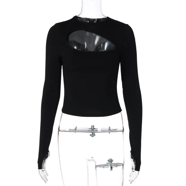Hollow T shirt Long Sleeve Slim fit Top Black - Shop at LoveMi