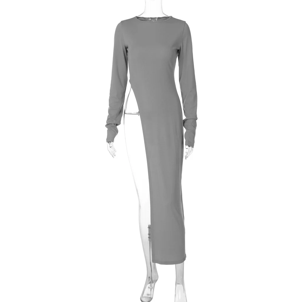 Women's Fashion High Slit Round Neck Long Sleeve Top - Gray