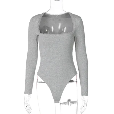 Women's Fashion Square Collar Lace Jumpsuit Gray - Shop at LoveMi