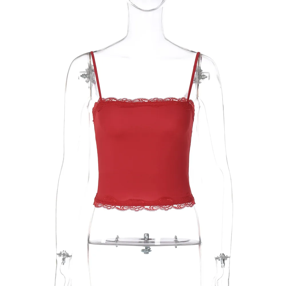 Women's Midriff-baring Camisole Lace Top - Red