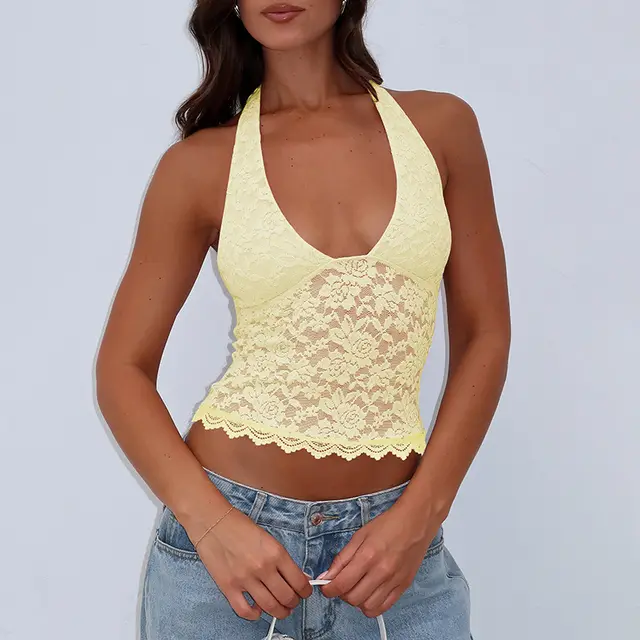 Women's Hollow Lace Slim fit Tank Top Yellow - Shop at LoveMi