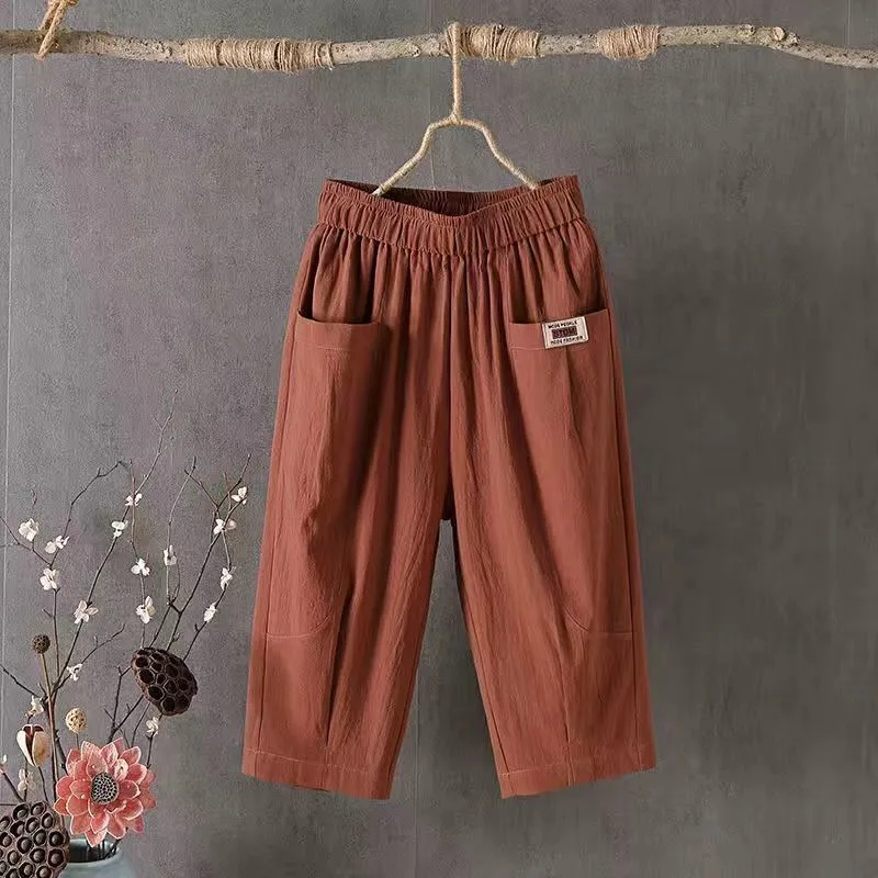 Linen Elastic Waist All-matching Casual Pants - Brown