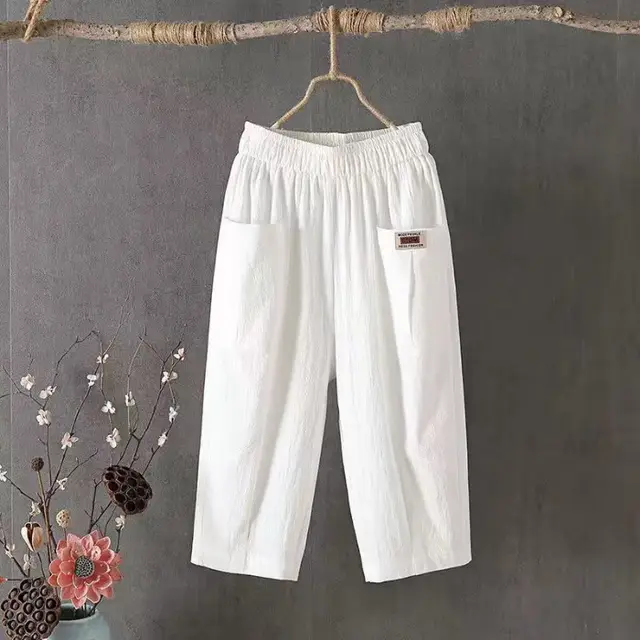 Linen Elastic Waist All matching Casual Pants White - Shop at LoveMi