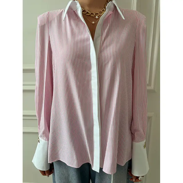 Women's Casual Printed Patchwork Long Sleeves Striped Shirt Pink - Shop at LoveMi