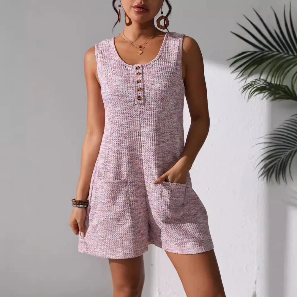 Casual Button Pocket Vest Jumpsuit For Women - Pink
