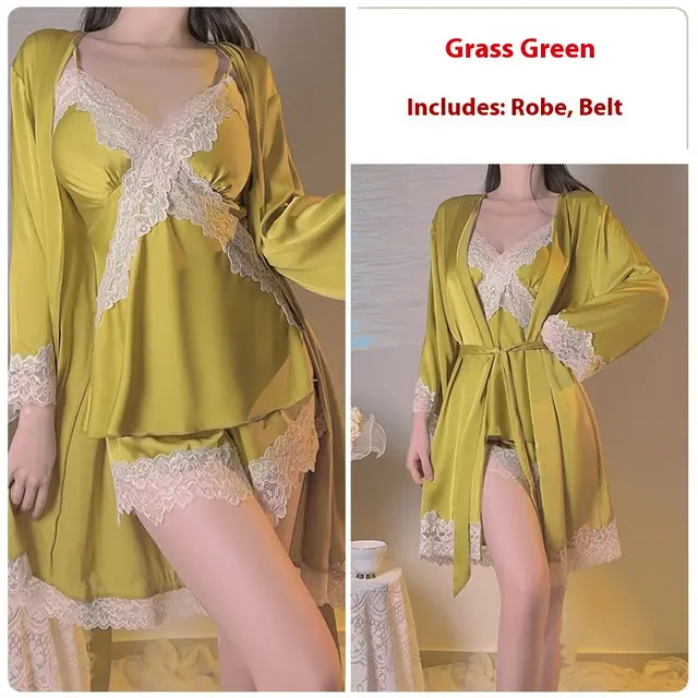 Simple Comfortable Top Shorts Outerwear Gown Three piece Homewear Suit 3767 Grass Green - Shop at LoveMi
