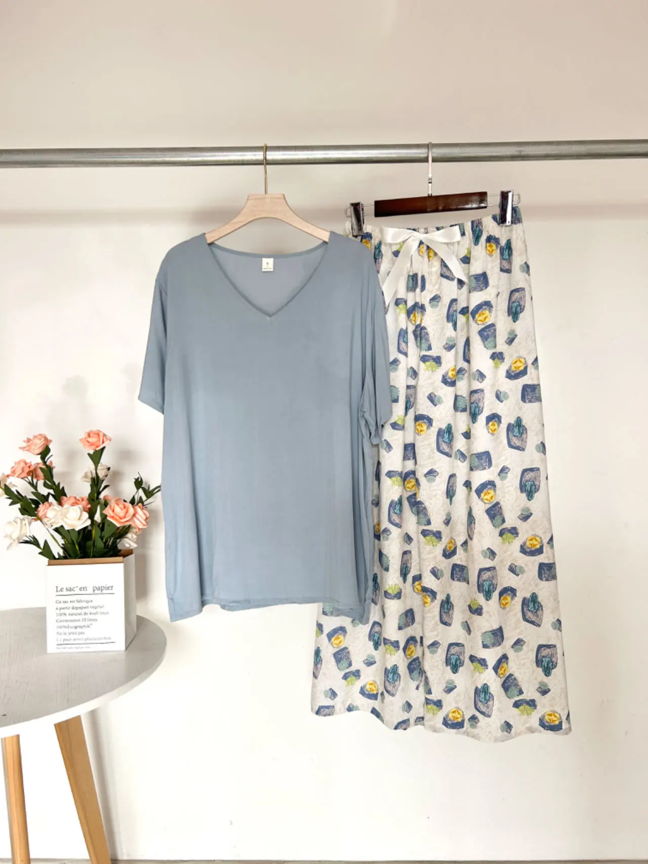 Summer Artificial Cotton Thin Short Sleeve Pants Loungewear Suit - Blue T 05 More Meat