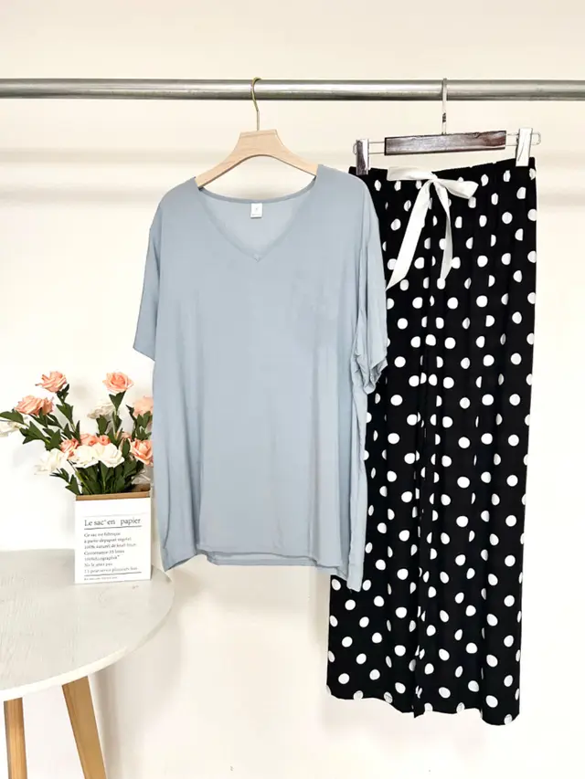 Summer Artificial Cotton Thin Short Sleeve Pants Loungewear Suit Blue T 29 Polka Dot - Shop at LoveMi