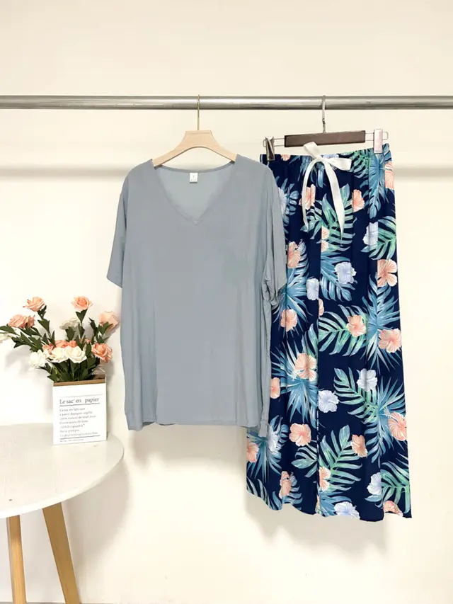 Summer Artificial Cotton Thin Short Sleeve Pants Loungewear Suit Blue T 82 Golden Branch - Shop at LoveMi