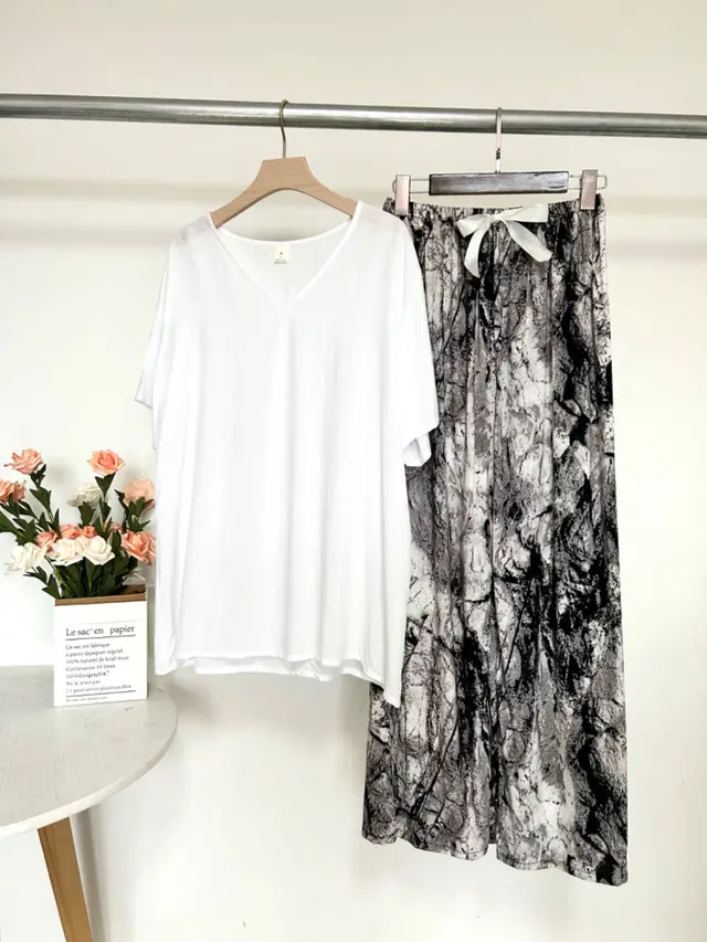 Summer Artificial Cotton Thin Short Sleeve Pants Loungewear Suit White T 36 Ink Painting - Shop at LoveMi