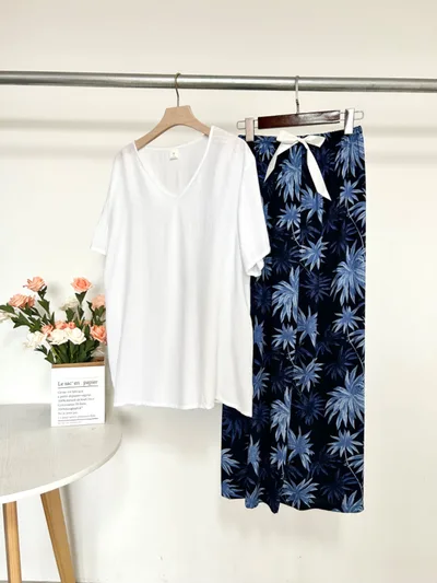 Summer Artificial Cotton Thin Short Sleeve Pants Loungewear Suit White T 67 Maple Leaf - Shop at LoveMi