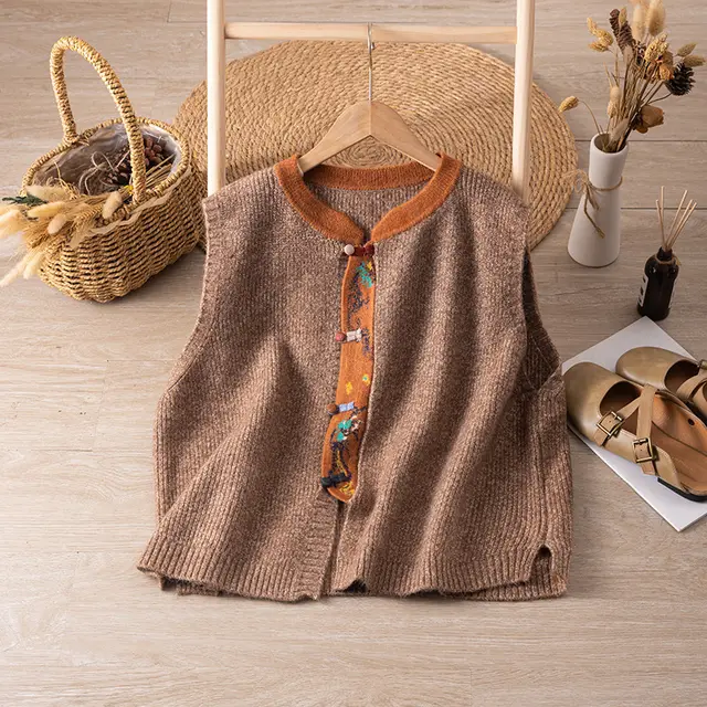 Retro Artistic Variegated Woolen Knitted Sleeveless Jacket Khaki - Shop at LoveMi