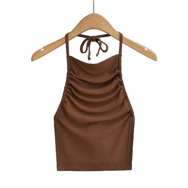 Backless Knotted Short Halter Spaghetti Straps Two piece Set Brown - Shop at LoveMi
