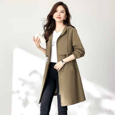 Early Autumn Casual Women's Windbreaker Loose Hooded Fashion Mid length Slimming Coat Army Camel - Shop at LoveMi