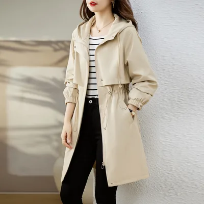 Early Autumn Casual Women's Windbreaker Loose Hooded Fashion Mid length Slimming Coat Beige - Shop at LoveMi