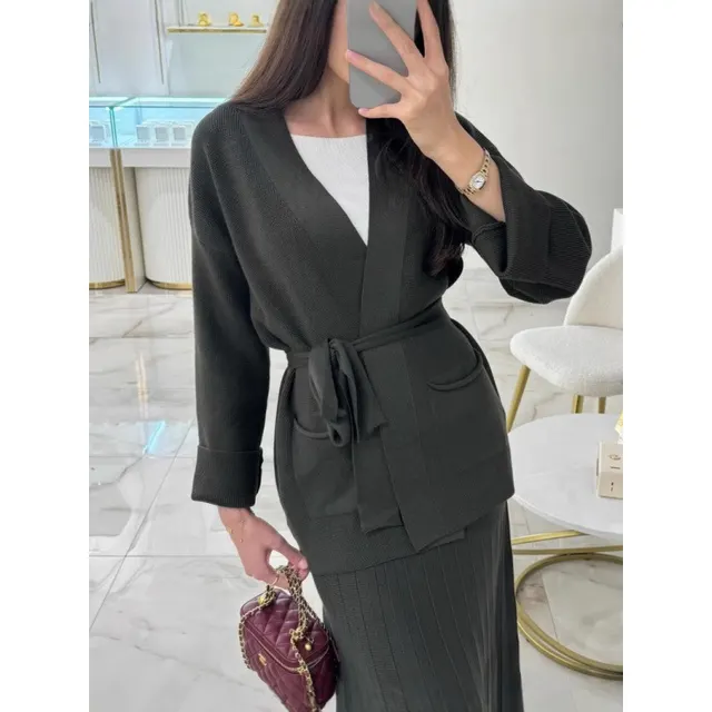 Thermal Knitting Lace up Long Sleeve Cardigan Long Skirt Two piece Sweater Dark Gray - Shop at LoveMi