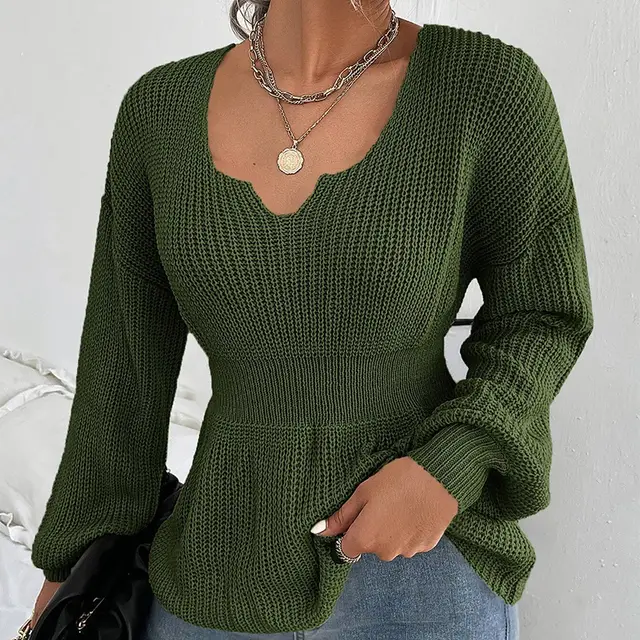 Fashion Ruffles Fitted Waist Sweater Women Army Green - Shop at LoveMi