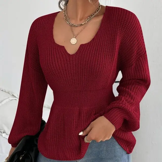 Fashion Ruffles Fitted Waist Sweater Women Wine Red - Shop at LoveMi