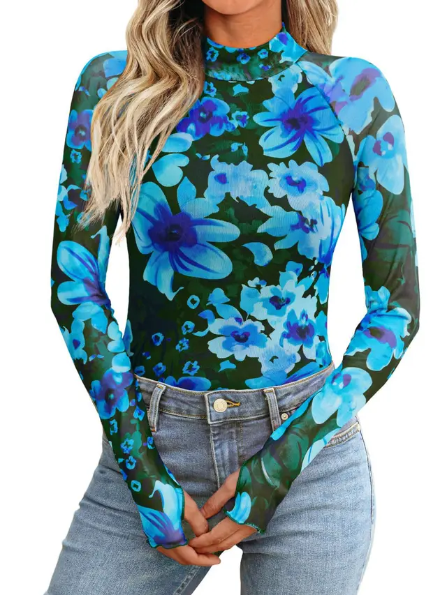 New Mesh Printed Tape Thumb Hole Turtleneck Long Sleeve Bottoming Shirt Blue - Shop at LoveMi